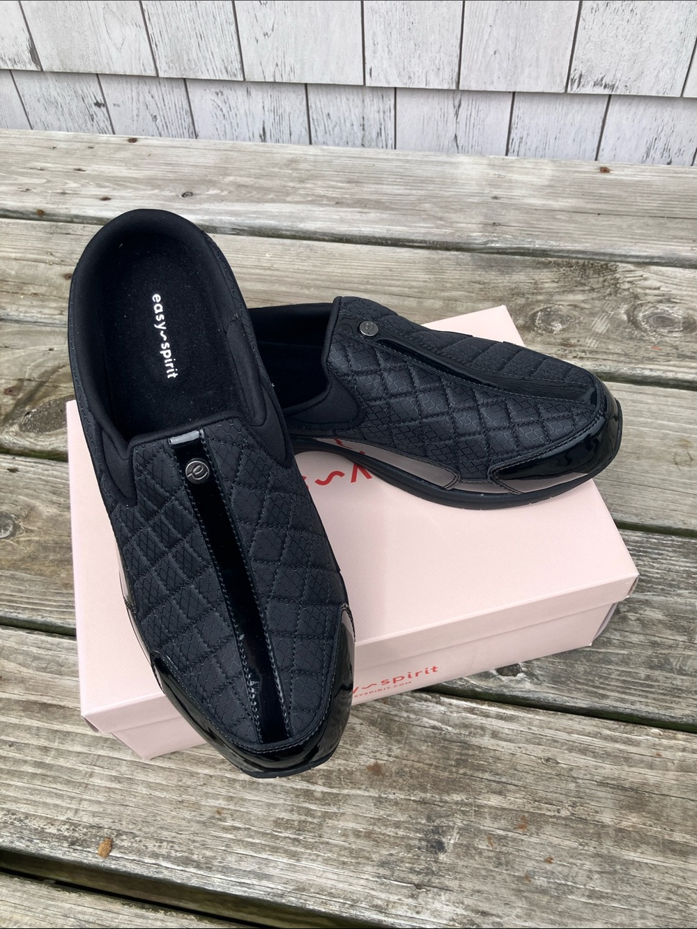 NEW Easy Spirit Travel Time Leather Mule. Black/Silver sz 11WW